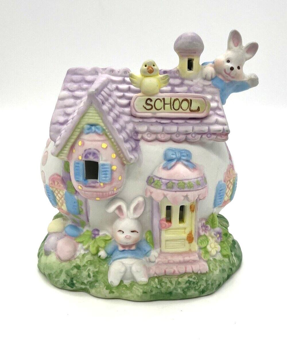 Easter Village Tea Light Candle Holder Egg Shaped Bunny School House